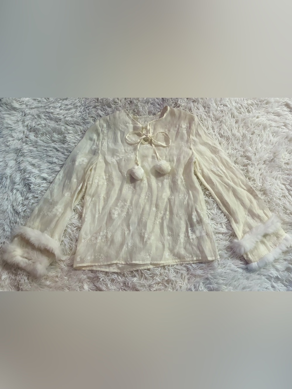 Shoujo Coquette Fairy Ice Princess Ballet Y2K Sheer Floral Fur Trim Top Blouse S